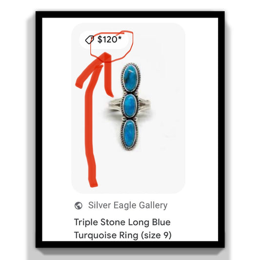 925 Solid Sterling Silver triple 3-stone long southwestern Native American/Indian boho Navajo-style blue ARIZONA TURQUOISE ring size 7, 7.5, and 8. RETAIL $120 (See photos)