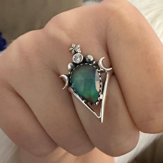 Faceted/cut AURORA (NORTHERN LIGHTS) OPAL &  CZ CUBIC ZIRCONIA iridescent boho-style crescent moons & star Doublet 925 sterling silver ring size 7.5, 8, 8.5